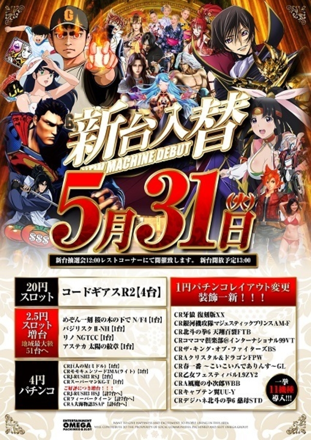 5月31日火曜日 新台入替