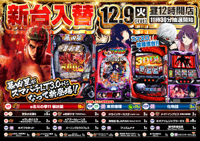 12月9日(火)新台入替!!昼12時OPEN!!