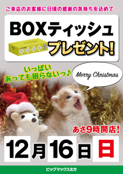 12月16日(日)BOXティッシュプレゼントあります!!